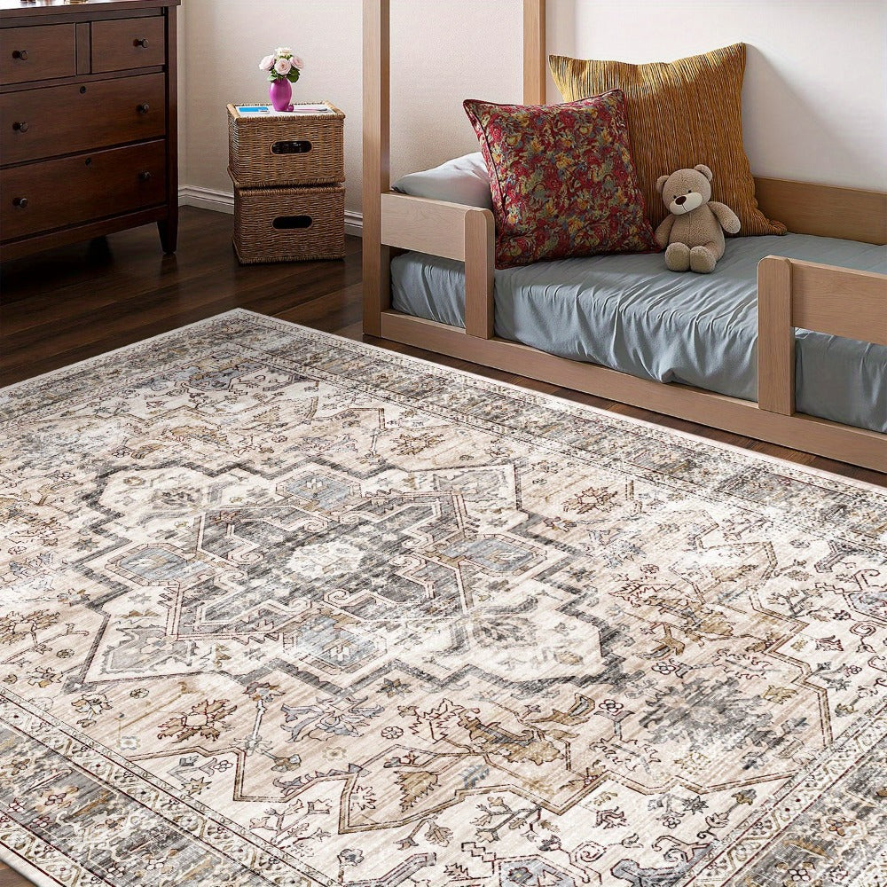Bohemian Area Rug Ultra-Soft Non-Slip Washable Retro Foldable Carpet for Living Room Bedroom in Beige and Grey Multiple Sizes