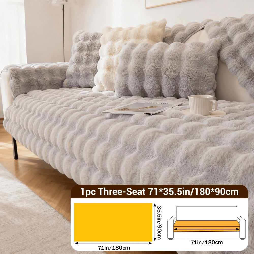 Bubble Soft Faux Rabbit Fur Sofa Cover - Non-Slip Silicone Backing Stretchable Slipcover Pet Friendly Machine Washable for Living Room Bedroom Dorm, 4 Colors Multiple Sizes