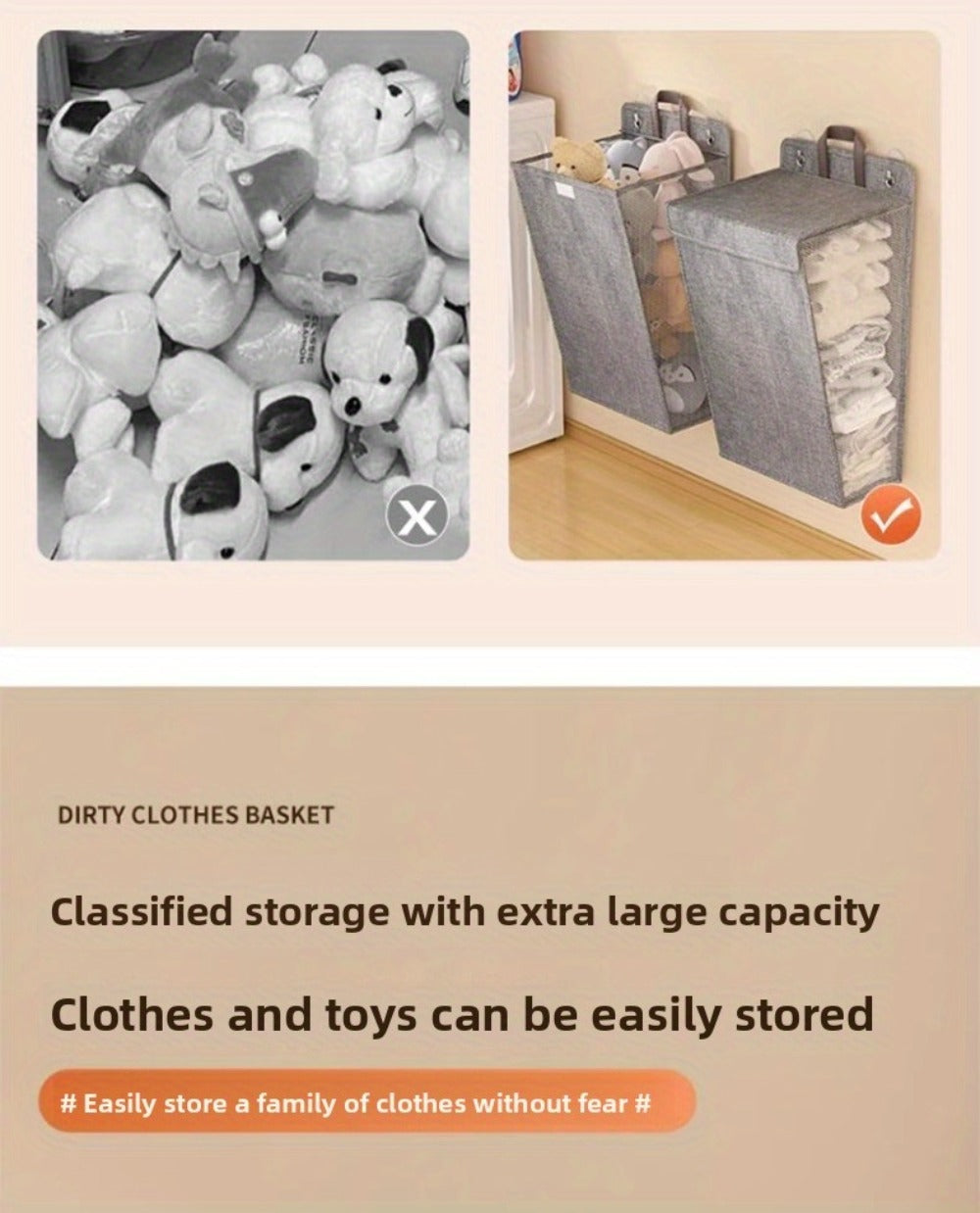 Wall Mounted Laundry Hamper Foldable Oxford Cloth with Lid | Space Saving Clothes Storage Basket for Bedroom Bathroom Living Room | Large 22x15 Inch Multi-Purpose Organizer Gray