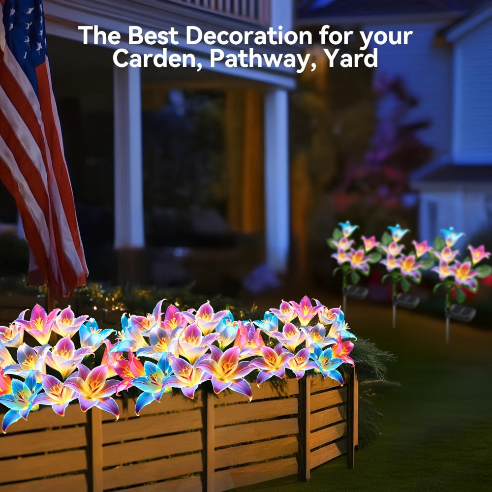 Solar Garden Lights Blooming Lily Flower | 7 Color Changing LED | Waterproof Outdoor Solar Stake Lights | Yard Patio Pathway Gravestone Decor | 2 4 12 Pack Solar Flower Lights