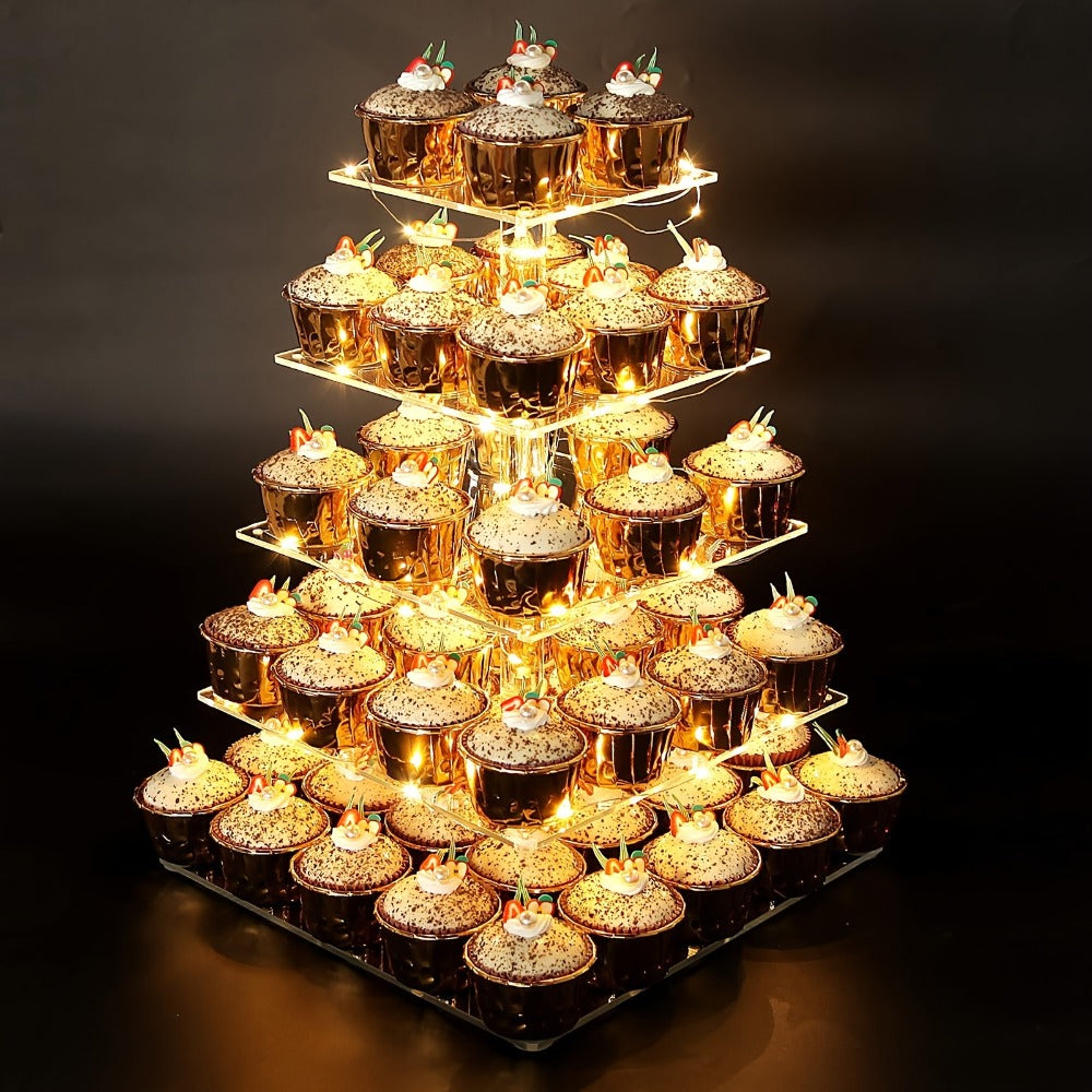 5-Tier Acrylic Cupcake Stand with LED String Lights ¨C Square Dessert Display Tower for 60 Cupcakes Birthday Wedding Baby Shower Tea Party Elegant Transparent Cake Display Rack Easy to Assemble