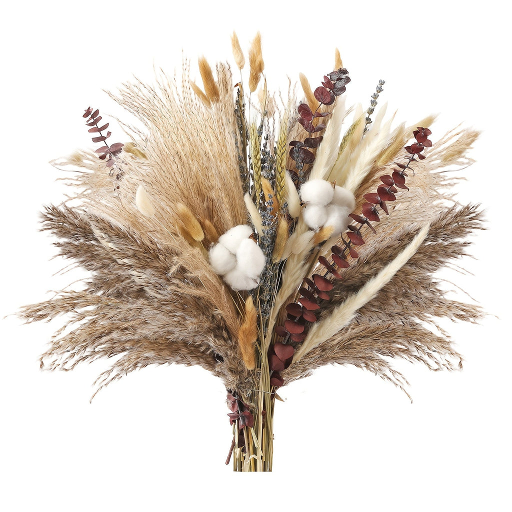 Boho Pampas Grass Dried Flower Arrangement ¨C Lavender Eucalyptus Bouquet with Gemstone Accents for Home Decor, Rustic Wedding Centerpiece & Bohemian Bedroom Vase Filler
