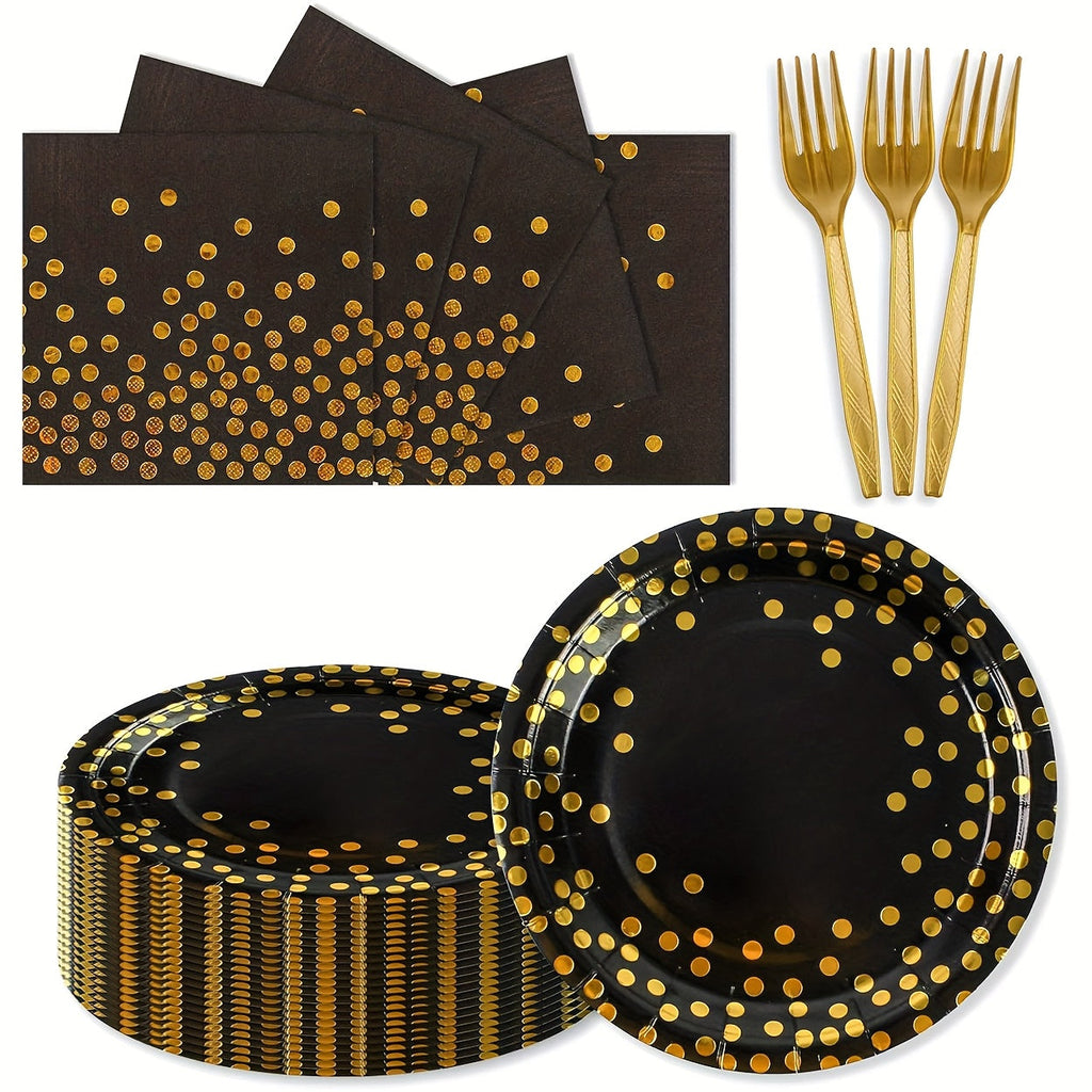 Disposable Party Supplies Set 150 Piece Black and Gold - Paper Plates, Napkins & Forks for 50 Guests, Elegant Tableware for Birthday, Wedding, Graduation & Holiday Celebrations