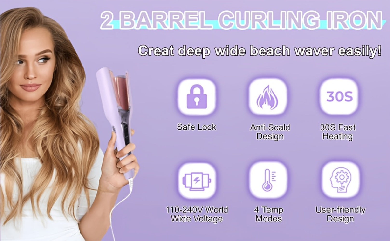 Curling Iron 32mm Deep Wave Curler Fast Heating Adjustable Temperature Anti-Scald Salon-Grade Hair Styling Tool Long-Lasting Waves Gift