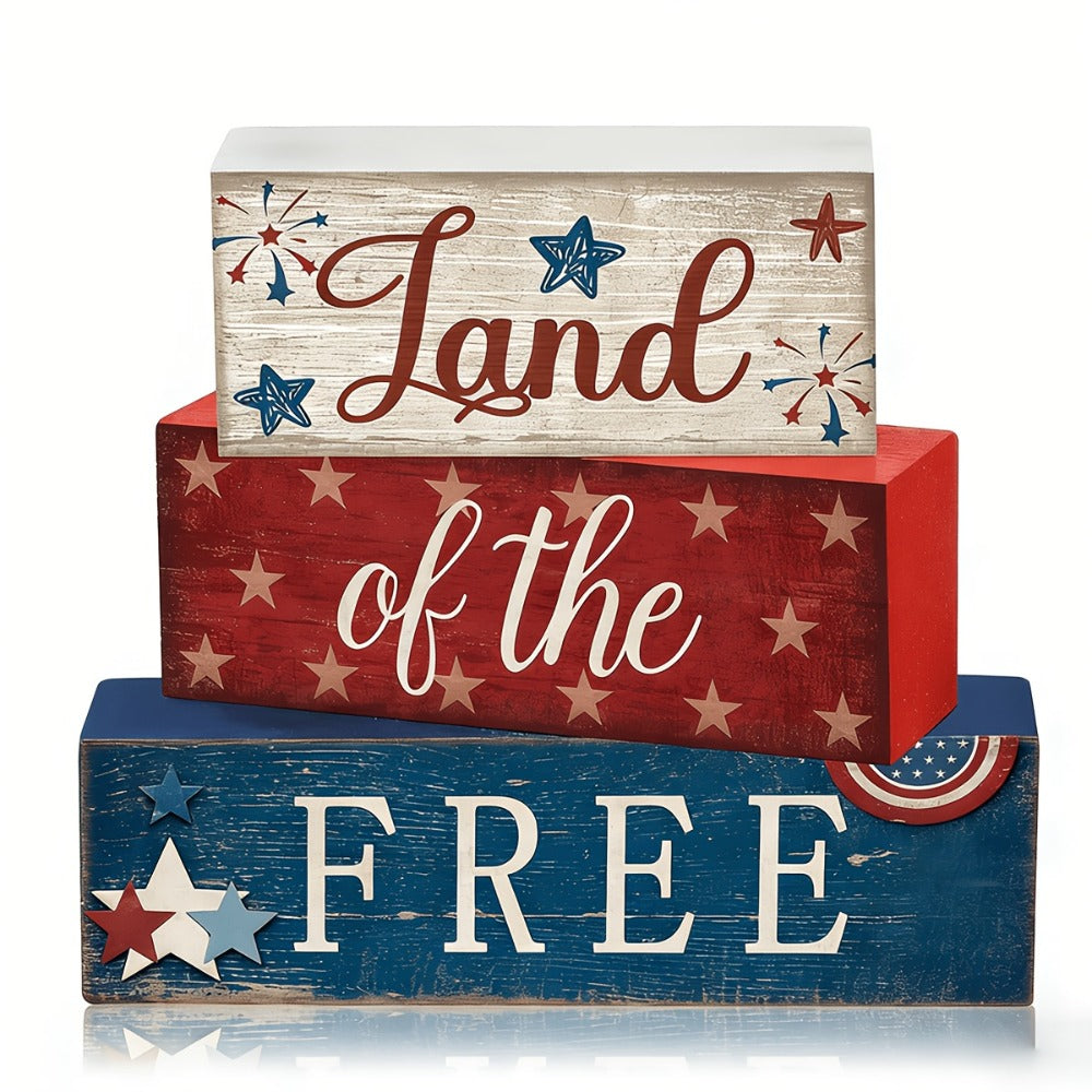 4th of July Tabletop Decorations Sign, Red White Blue Patriotic Tiered Tray Decor for Home Office Shelf, 250th Anniversary Gift