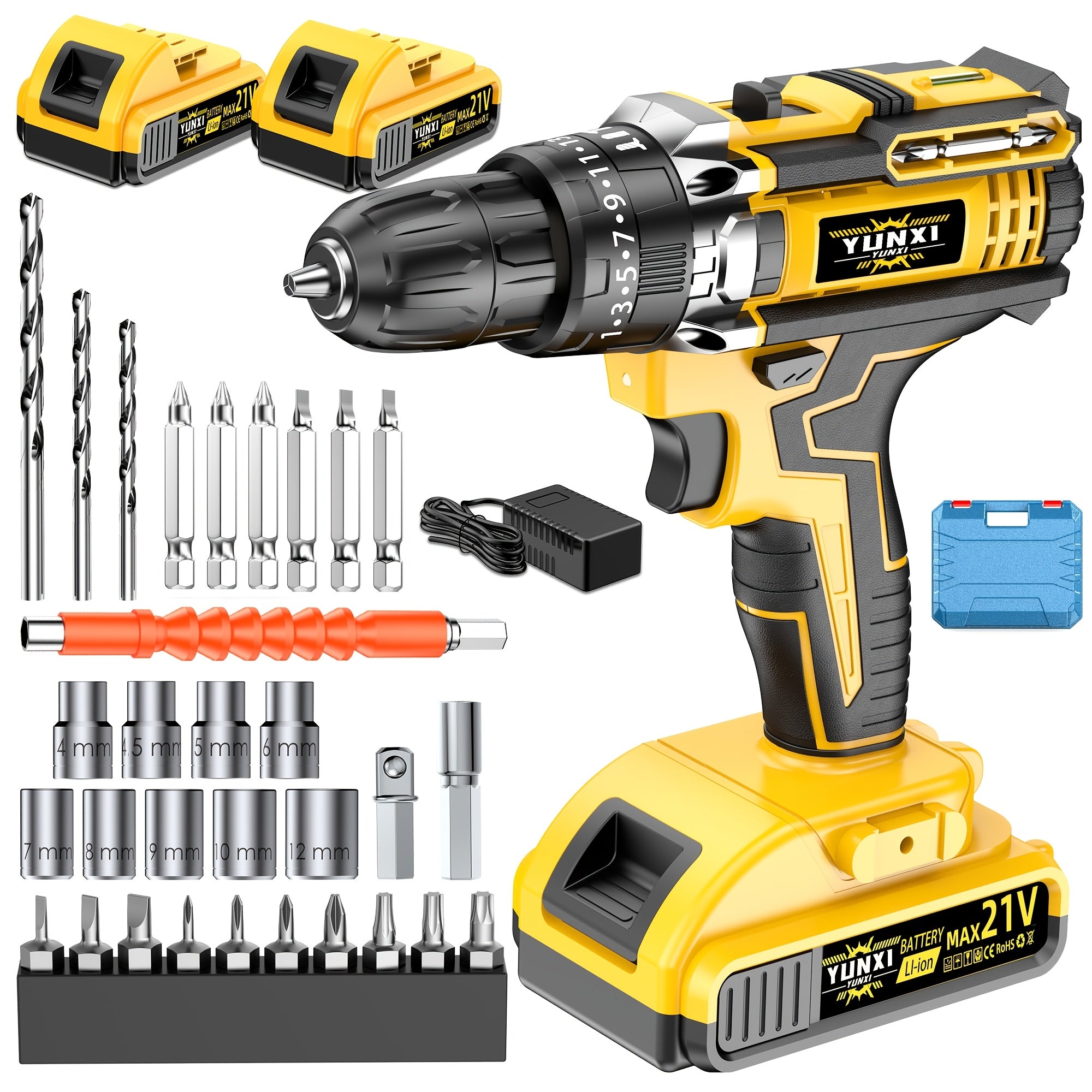 Cordless Impact Drill Set 21V ¨C Electric Power Drill with 2.0Ah Battery, Fast Charger, Screwdriver Bits, Work Light, Variable Speed & Torque Control for Home & Car Repair, Men's Gift