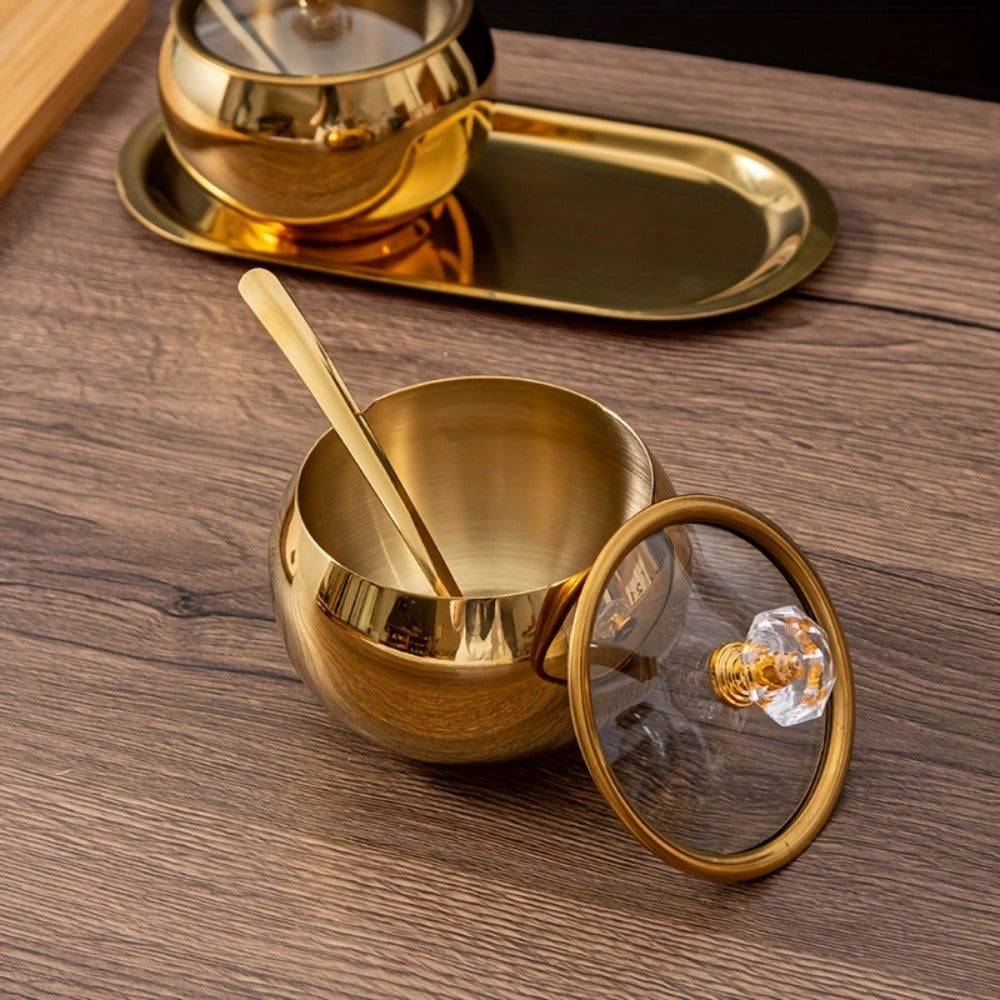 Golden Stainless Steel Seasoning Jar Set 2 or 3pcs Spice Containers with Lid and Spoon Serving Tray for Pepper Salt Spices Candy Coffee Beans Kitchen Organizer