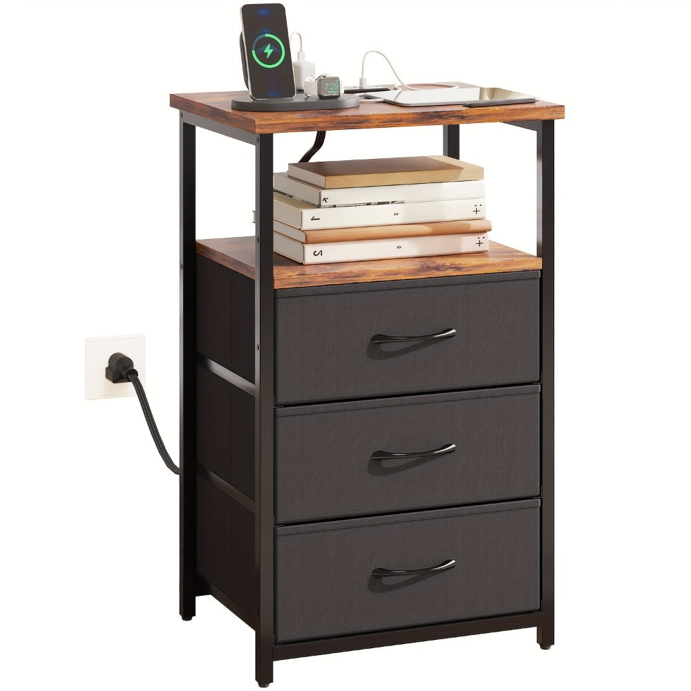 Nightstand with Charging Station & USB Port | 3-Drawer Bedside Table with LED Light, Heavy Duty End Table for Bedroom, Dorm & Small Spaces