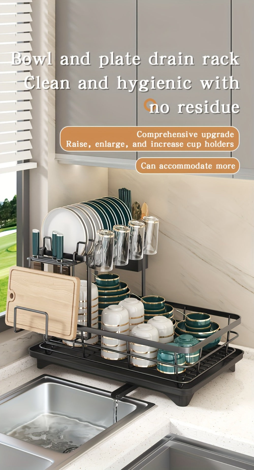 2-Tier Metal Dish Drying Rack with Cutlery Holder Cup Holder & Rust-Proof Drip Tray ¨C Space Saving Countertop Kitchen Organizer