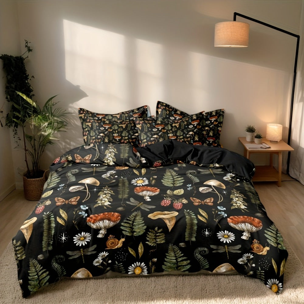 Duvet Cover Set 3-Piece Forest Mushroom Pattern ¨C Soft Polyester Bedding with Zipper Closure, Twin Full Queen King ¨C Bedroom & Guest Room