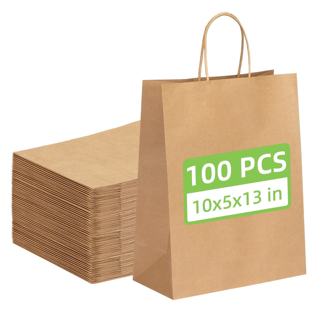 Brown Kraft Paper Gift Bags with Handles 100 Pack, 10x5x13 Inch Large Shopping Bags Bulk, Kraft Paper Bags for Birthday Party Wedding Retail Boutique Gift Wrapping