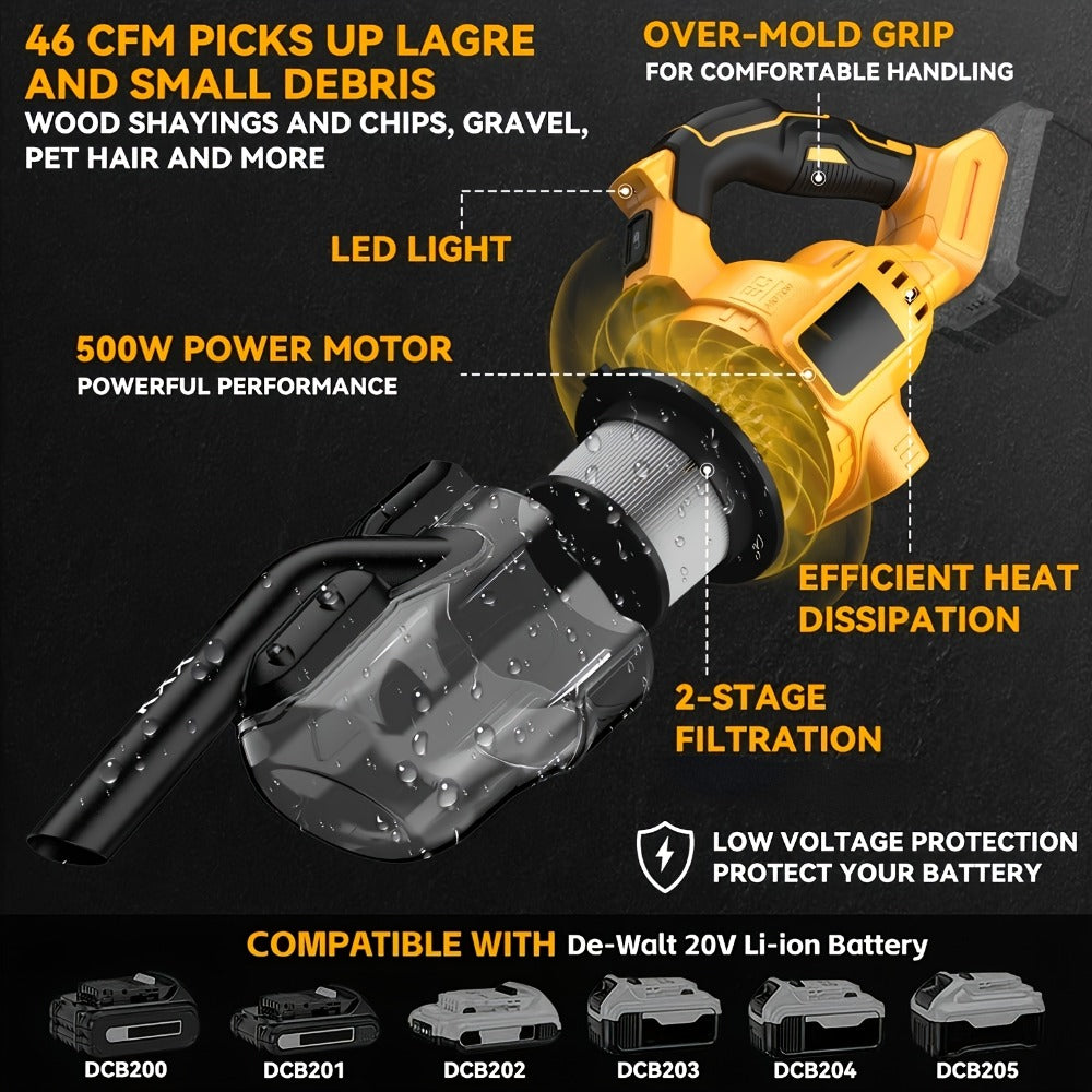 Cordless Handheld Vacuum Cleaner Compatible with DeWalt 20V Battery ¨C 500W Motor, 46 CFM, HEPA Filtration, Portable Car Vacuum for Hard Floor, Pet Hair, Car Interior Cleaning (Battery Not Included)