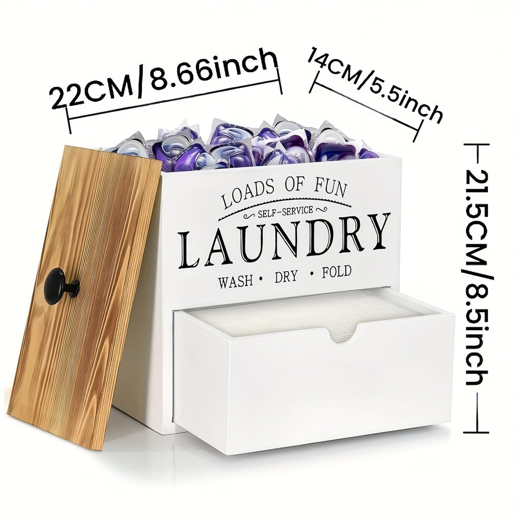 Dryer Sheet Holder with Drawer & Lid | Farmhouse Wood Laundry Pod Dispenser | Wall Mount or Countertop Organizer for Laundry Room Storage, Black & White