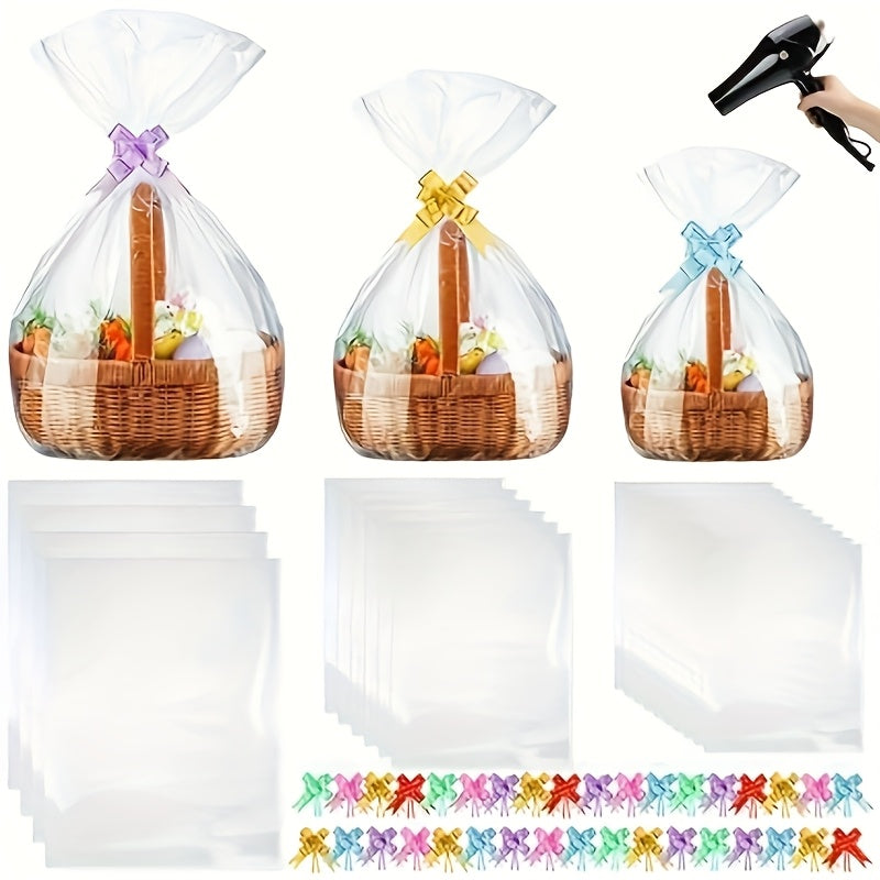 Clear Heat Shrink Cellophane Bags 80pcs 3 Sizes with Pull Bows | Gift Basket Wrapping Bags for Easter Mother's Day Party Favors