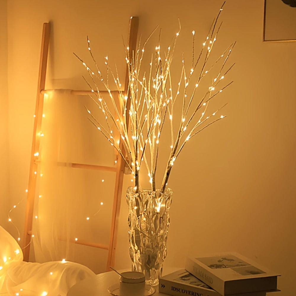 Birch Branch Lights Set of 2, Artificial Luminous Birch Tree Branches with Green Leaves & LED Fairy Lights ¡ª Battery Powered Indoor Decor for Christmas, New Year, Home & Reading Nook