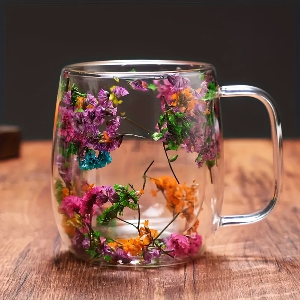 Double Wall Glass Coffee Cups with Handle Set of 4 ¨C Borosilicate Thermal Mugs for Latte Cappuccino Tea | Dried Flower & Petal Design Transparent Drinkware for Office Home Gifts