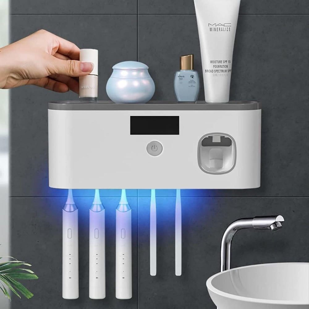 Toothbrush Holder Wall Mount with Toothpaste Dispenser Solar Rechargeable Cordless Space Saving Bathroom Organizer Toothbrush Storage for Bathroom Counter Vanity