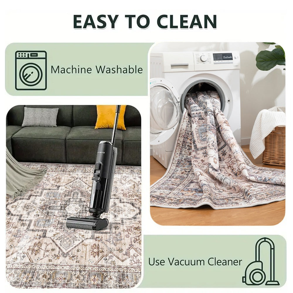 Bohemian Area Rug Ultra-Soft Non-Slip Washable Retro Foldable Carpet for Living Room Bedroom in Beige and Grey Multiple Sizes