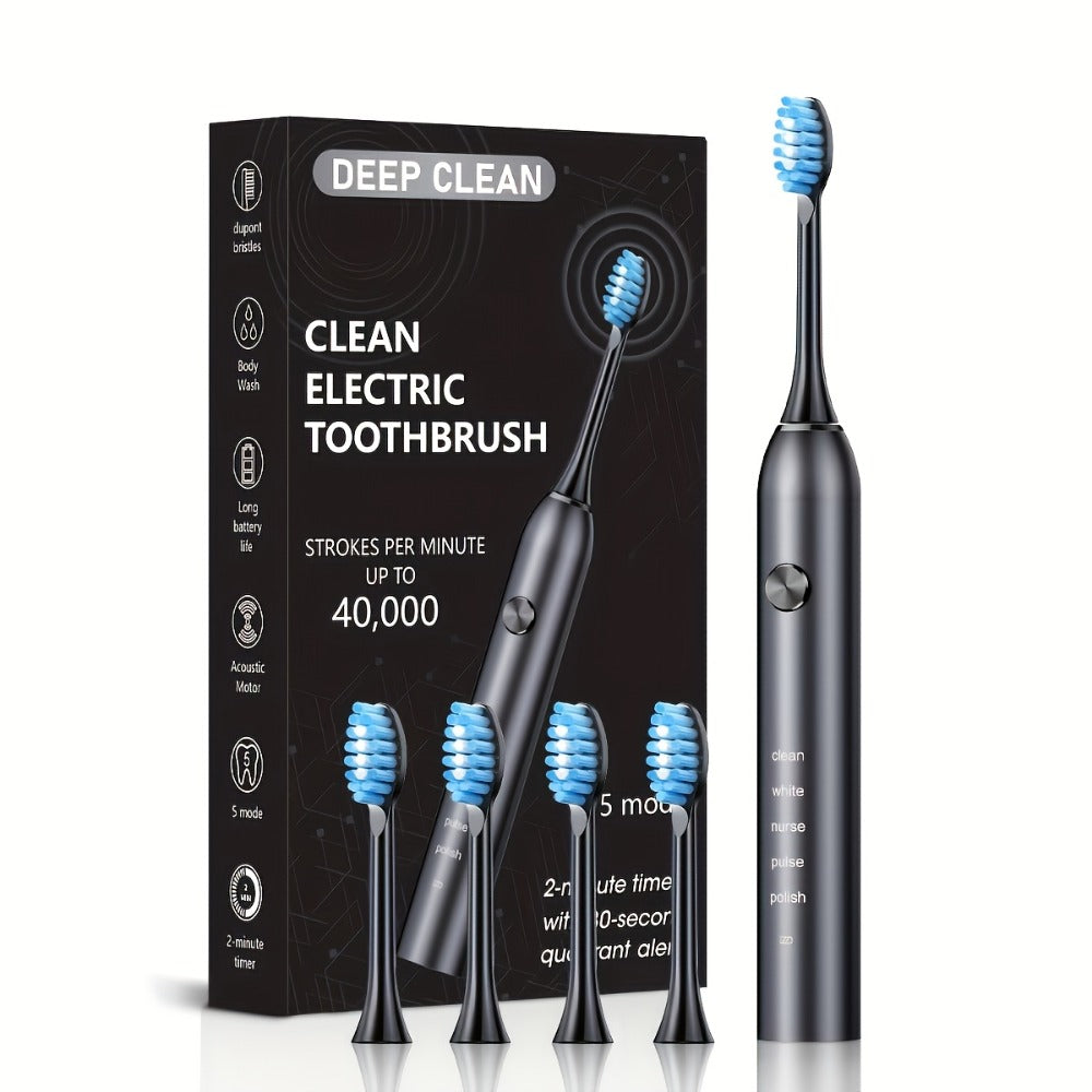 Sonic Electric Toothbrush ¨C 5 Vibration Modes, Soft Bristle, Type-C Fast Charging, Waterproof, Deep Clean & Teeth Whitening Rechargeable Power Toothbrush for Men & Women, 4 or 8 Brush Heads