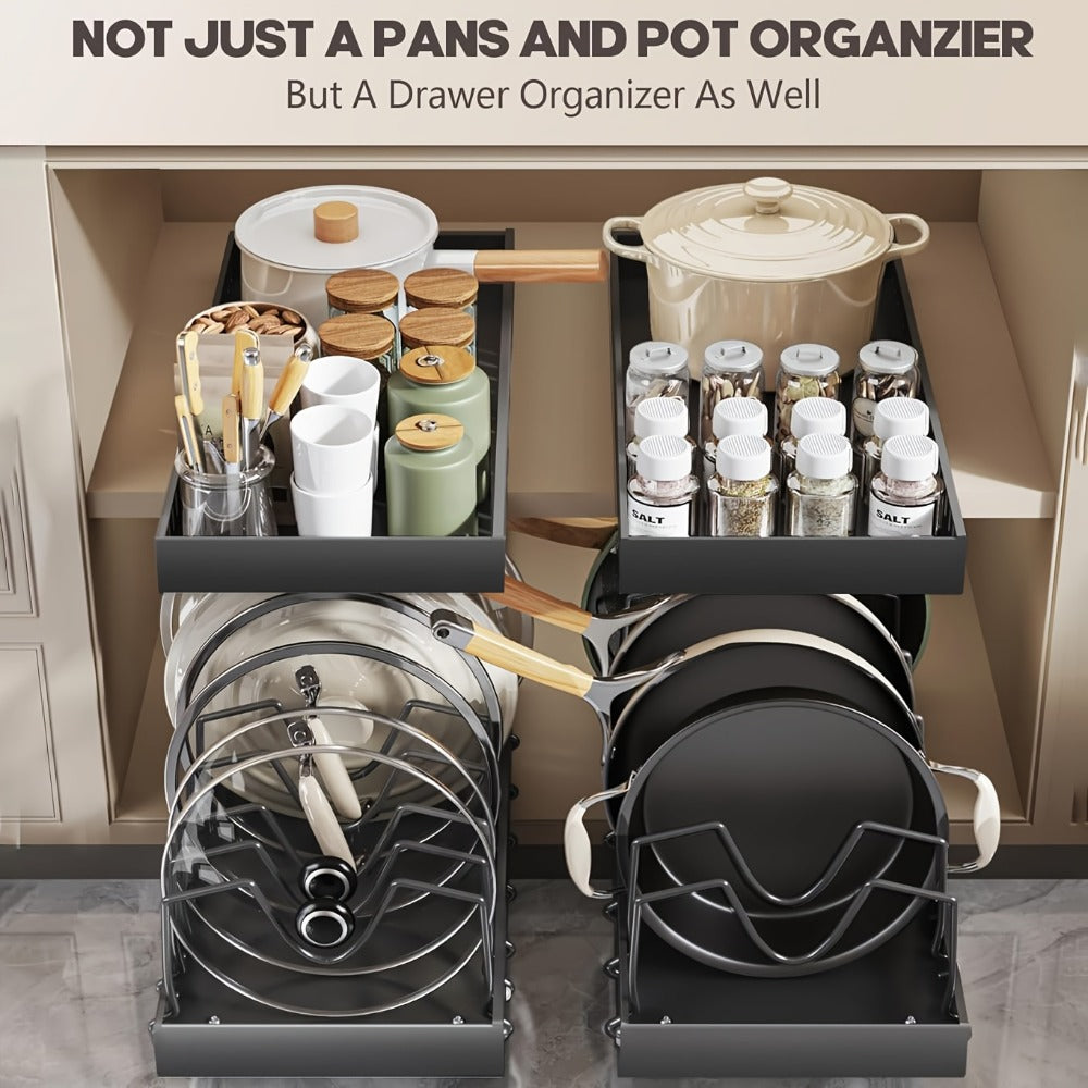 Pull-Out Pot and Pan Lid Rack Cabinet Sliding Storage Organizer - Kitchen Cabinet Slide-Out Box with 8/16 Adjustable Dividers for Lids, Baking Tools & Plates, Black or White, 1 or 2 Pack