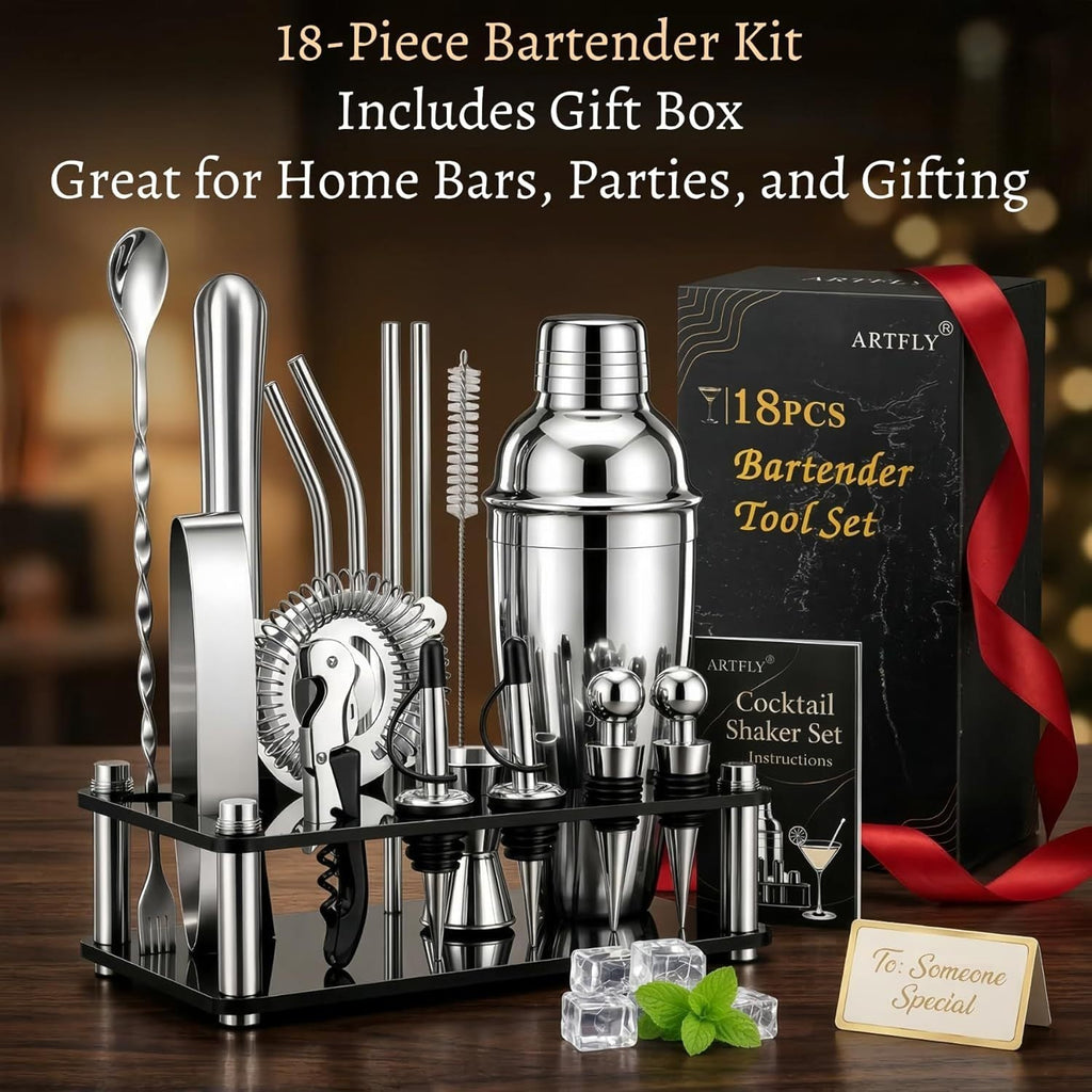 Bartender Kit 18-Piece with Acrylic Stand, 18/8 Stainless Steel Bar Set, Martini Shaker, Jigger, Muddler & Recipe Book ¨C Complete Home Bar Tool Set