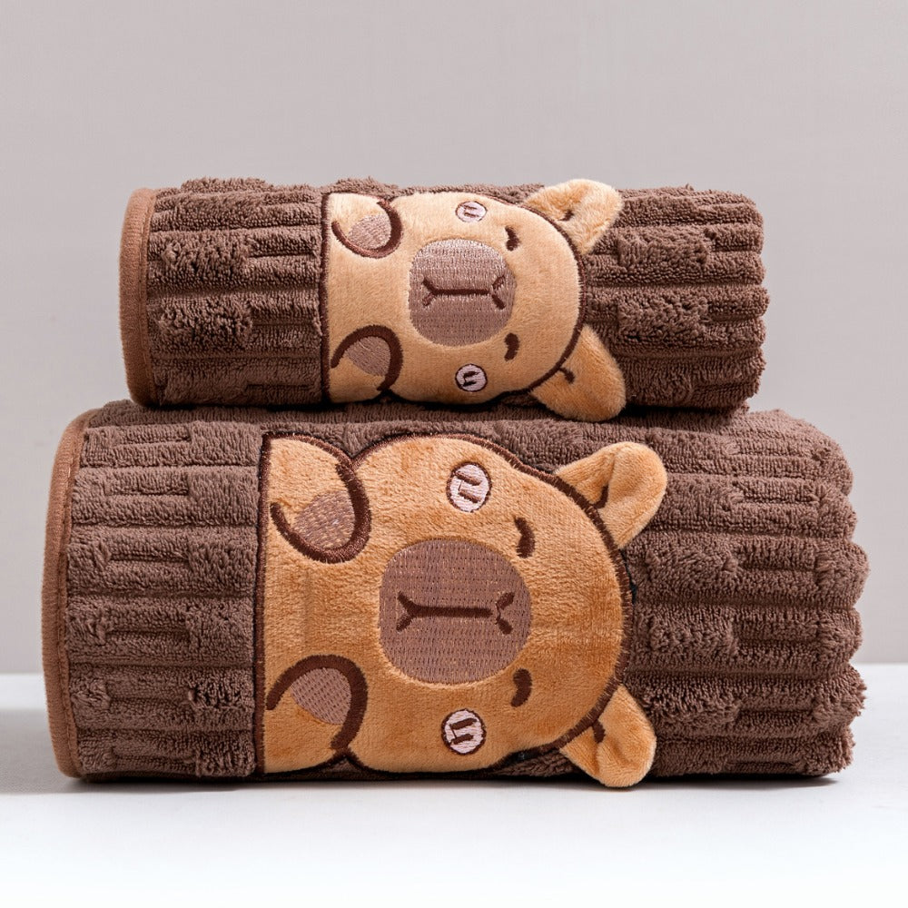 Bath Towel Set 2 Piece Cute Capybara Coral Fleece Super Soft Ultra Absorbent Quick Dry Face Towel and Bath Sheet for Spa Gym Hotel Guest Bathroom