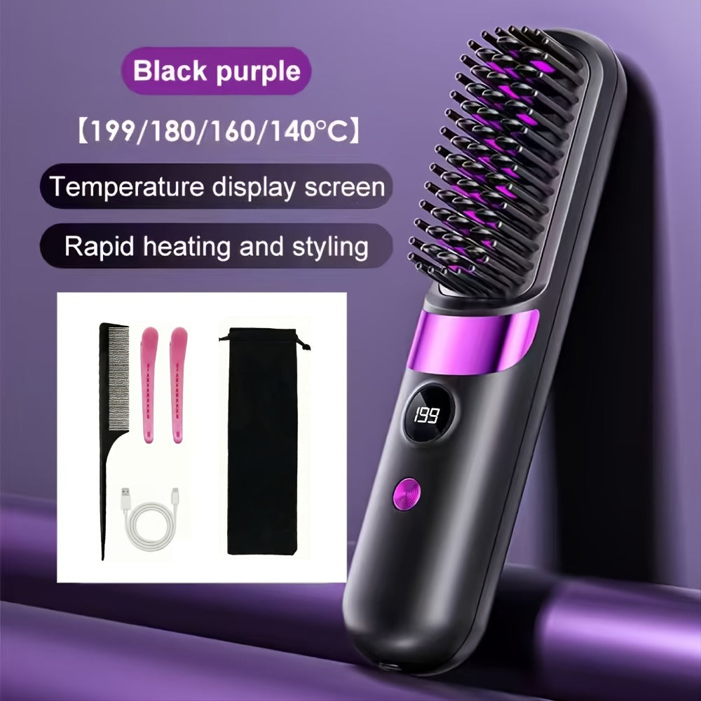 Wireless Hair Straightener Comb USB Rechargeable | Cordless Straightening Brush with Negative Ion, 3-Speed Temp Control, LED Display ¨C Travel Hair Styler