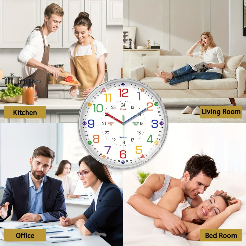 Silent Wall Clock for Classroom & Home | 8/10/12 Inch Color-Coded Educational Teaching Clock, Non-Ticking Japanese Quartz Movement