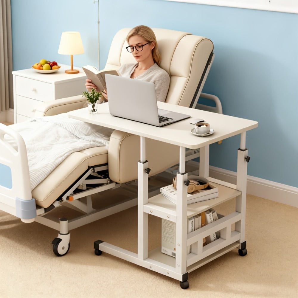 Rolling Overbed Table with Brake Wheels ¨C Adjustable Height Bedside Nursing Dining Table for Elderly & Patients | Lockable Caster Wheels, Over-Bed Card Tray Design, 4 Colors, Practical Gift