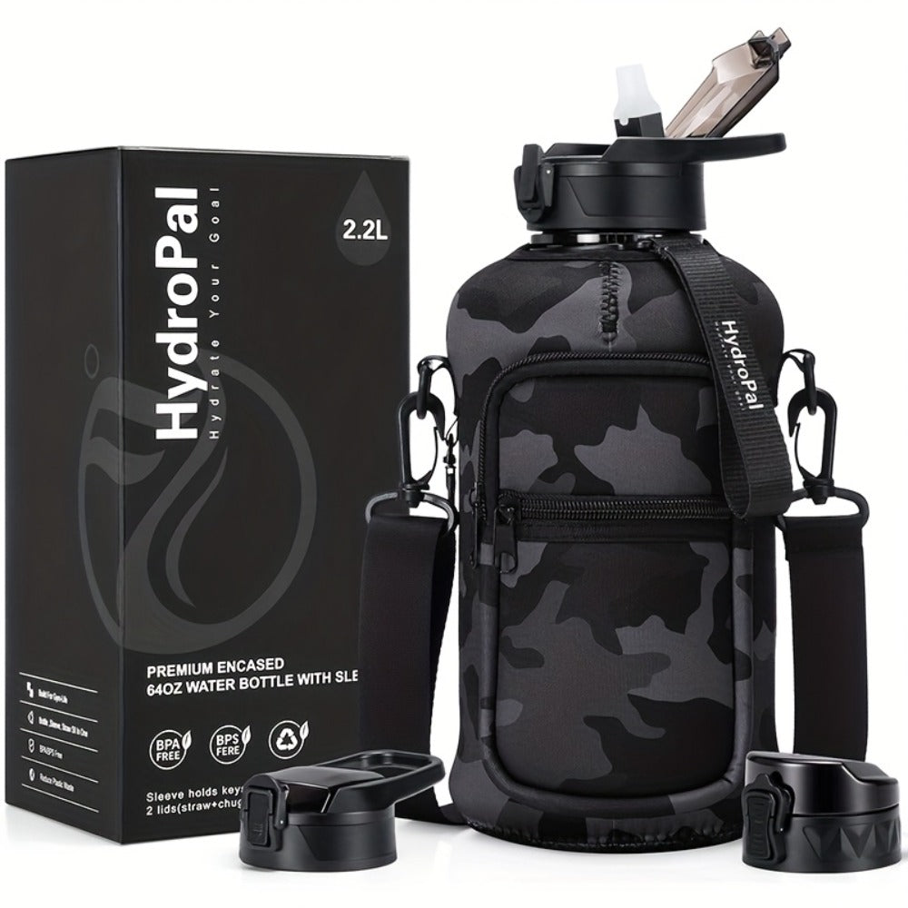 Half Gallon Water Bottle 74oz with Storage Sleeve & 2 Lids - Large Sports Water Jug for Gym, BPA-Free, Straw & Chug Lid, Time Marker, Shoulder Strap & Handle, Motivational Hydration Bottle