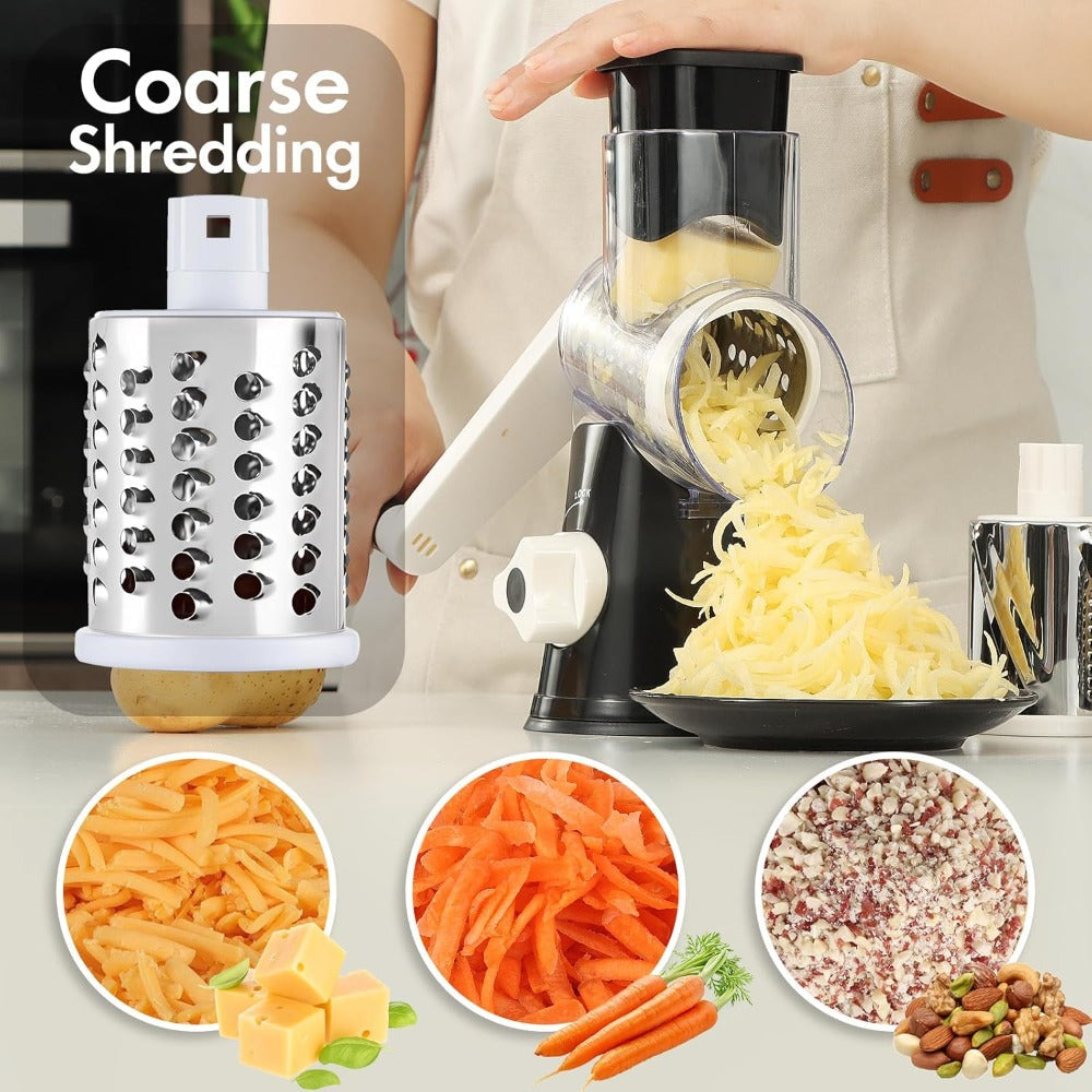 Rotary Cheese Grater ¨C Stainless Steel Hand Crank Shredder with 3 Interchangeable Blades, Non-Slip Suction Base & Cleaning Brush, BPA-Free Vegetable Grater for Cheese, Nuts & Vegetables