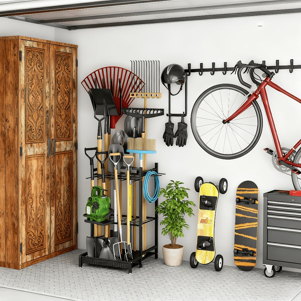 Garden Tool Organizer for Garage ¨C Metal Yard Tool Storage Rack with Hooks & Wheels for Long-Handled Tools, Broom, Shovel, Rake, Mop ¨C Heavy Duty Freestanding Tool Stand Holder, Black