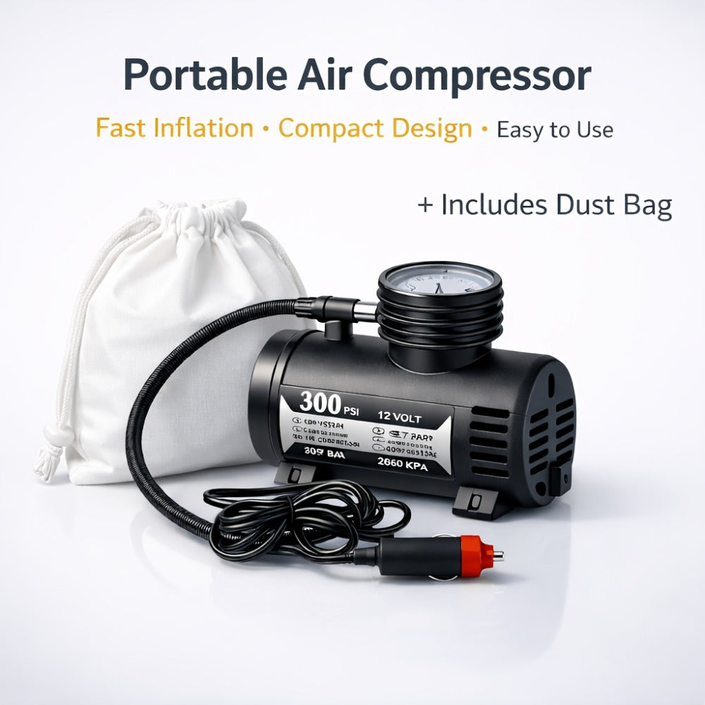 12V Car Tire Inflator Pump 300PSI, Portable Air Compressor for Car Truck Motorcycle Bike Tires, No Battery Needed, Metal Body Compact Design, Digital Pressure Gauge, Emergency Tire Pump for Sports Balls