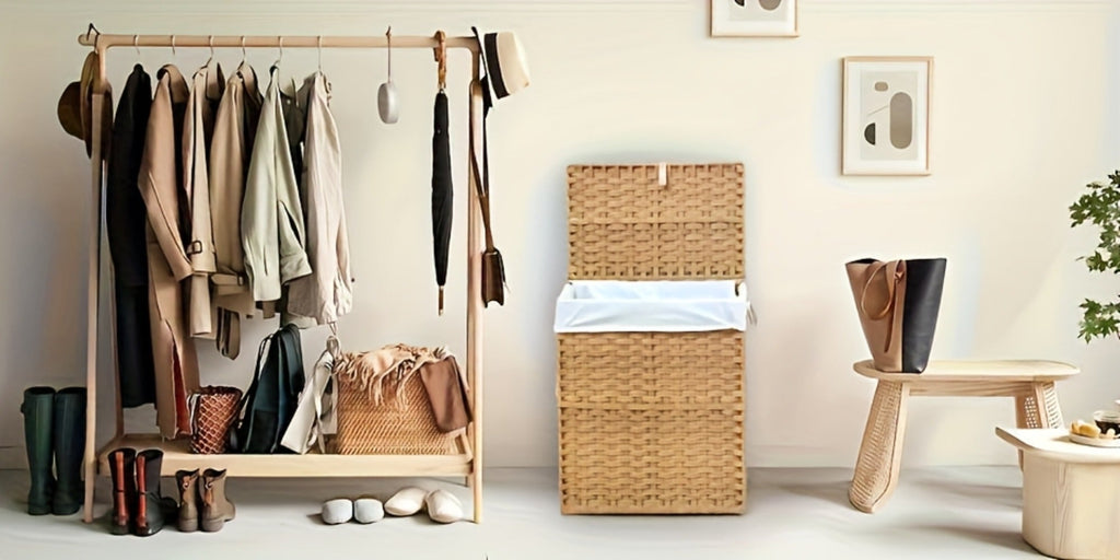 Laundry Basket with Lid - Large Foldable Rattan Hamper with Removable Washable Liner, Sturdy Steel Frame, for Bathroom Bedroom, Goose Yellow or Dove Gray