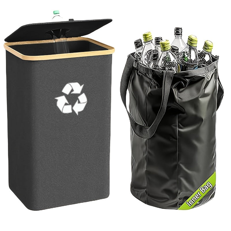 Recycling Bin 26 Gallon 100L with Lid & Removable Inner Bag, Large Collapsible Trash Can for Bottles Cans Glass & Plastic Waste, Open-Top Foldable Recycle Bin for Kitchen Garage & Outdoor Use
