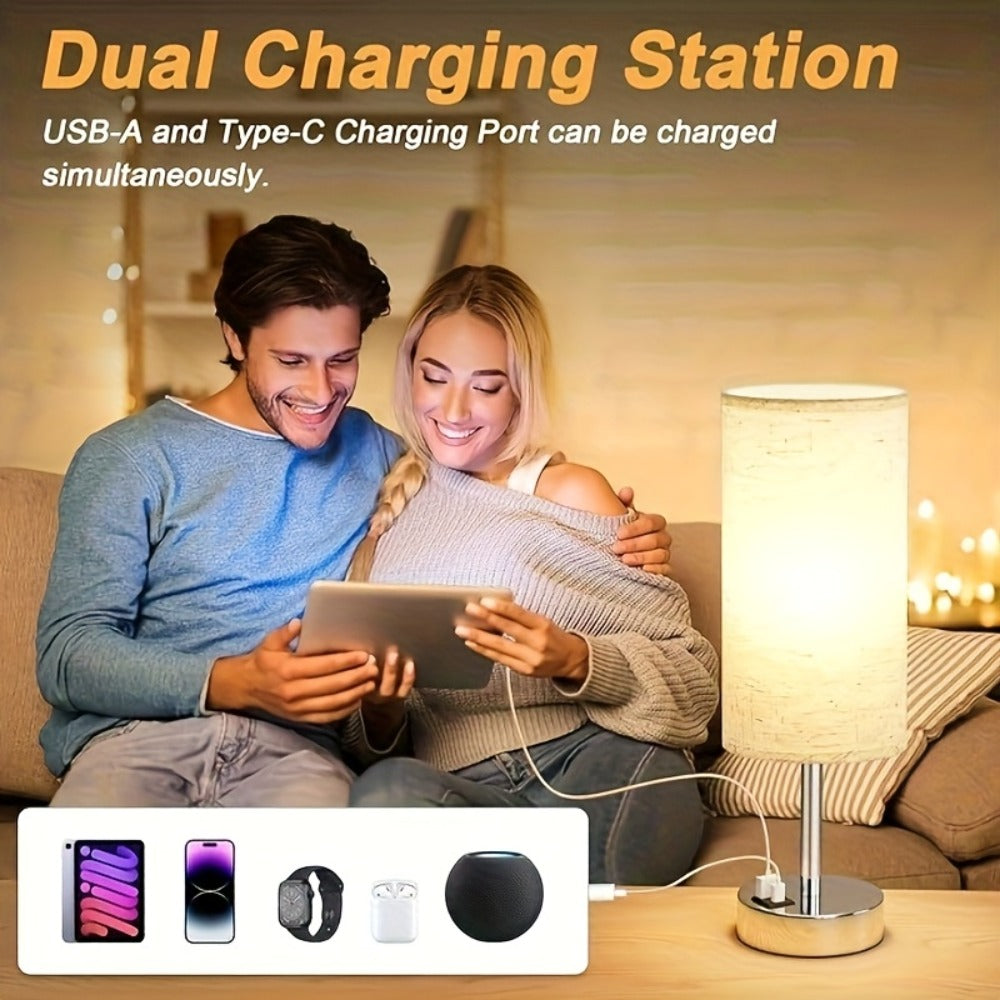 Bedside Table Lamp with USB-C Charging Port ¨C 3-Way Dimmable Touch Lamp, Wood Base Round Burlap Shade, Small Nightstand Desk Light with AC Outlet & A19 LED Bulb Included for Bedroom Living Room Office