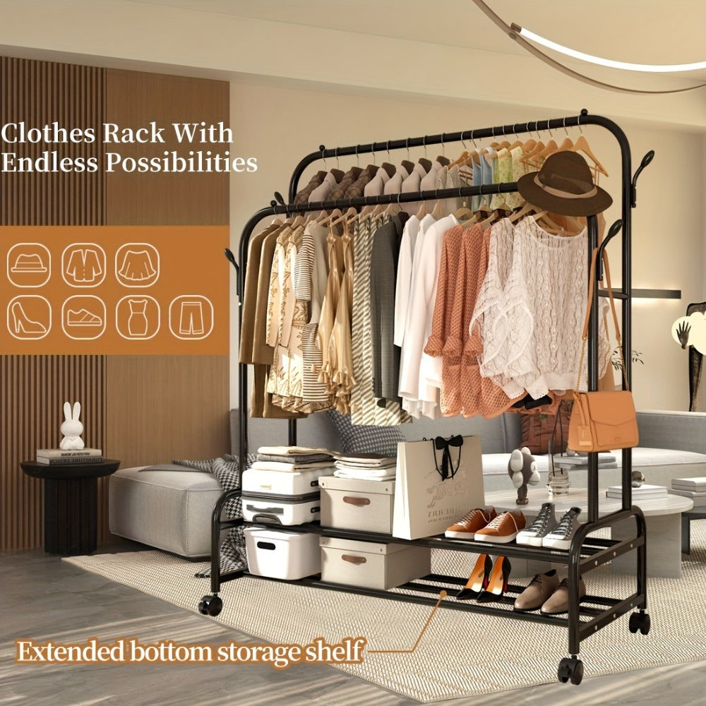 Heavy Duty Metal Clothing Rack Double Rod with Wheels Shelves and Hooks Freestanding Garment Rack 300LB Capacity Closet Organizer for Bedroom Laundry Room