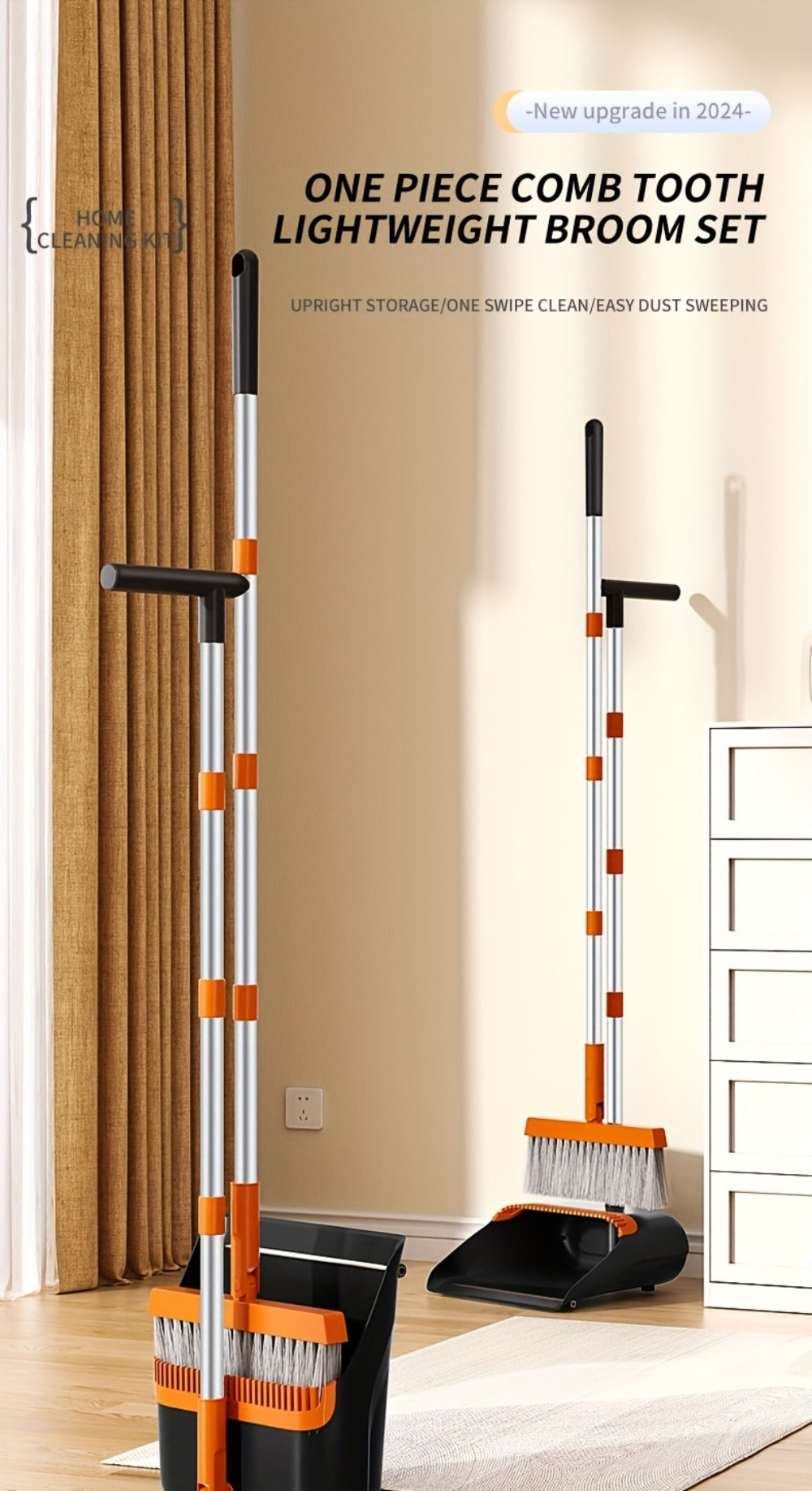 Folding Broom and Dustpan Set 50 Inch Extended Handle - Dense Elastic Bristles Wide Deep Dustpan for Dust Hair Debris, Foldable Broom for Home Kitchen Bathroom Bedroom Living Room, Blue White Black Orange Khaki