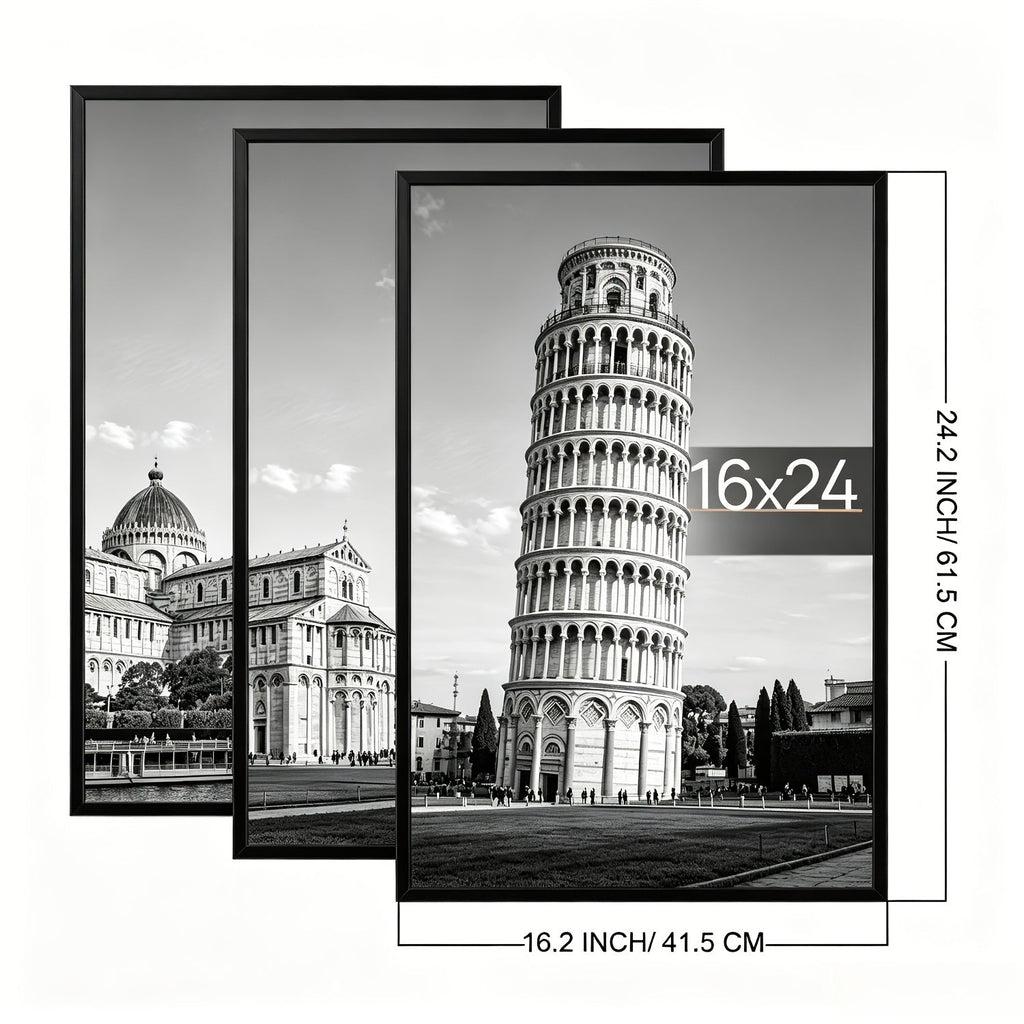 16x24 Picture Frame Set of 3, Poster Frames 16 x 24 Inch with Scratch-Proof Cover, Slide-In Assembly, Horizontal & Vertical Wall Mount Display - Black, Gold, Natural
