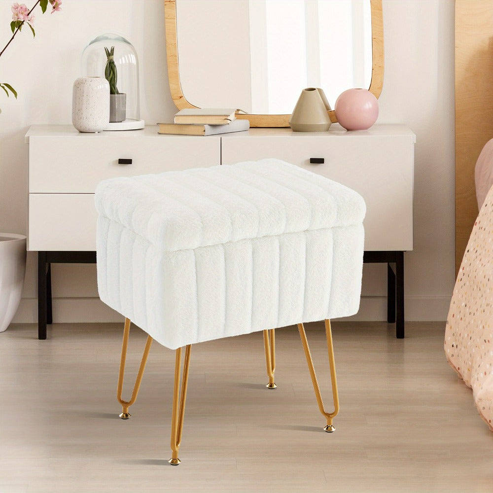 Faux Fur Storage Ottoman Stool ¨C Soft Furry Vanity Seat with Storage, 4 Metal Legs & Non-Slip Feet ¨C Cute Modern Multi-Function Chair for Bedroom, Vanity & Living Room