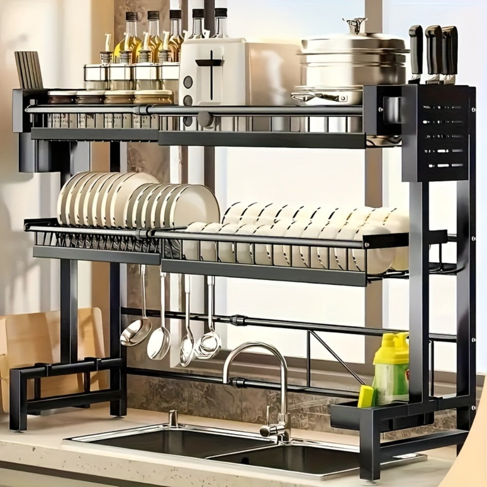 Dish Drying Rack Expandable Kitchen Sink Organizer - Countertop Dish Drainer with Drainage, Single or Double Layer Black Kitchen Storage Shelf for Plates, Cups & Utensils