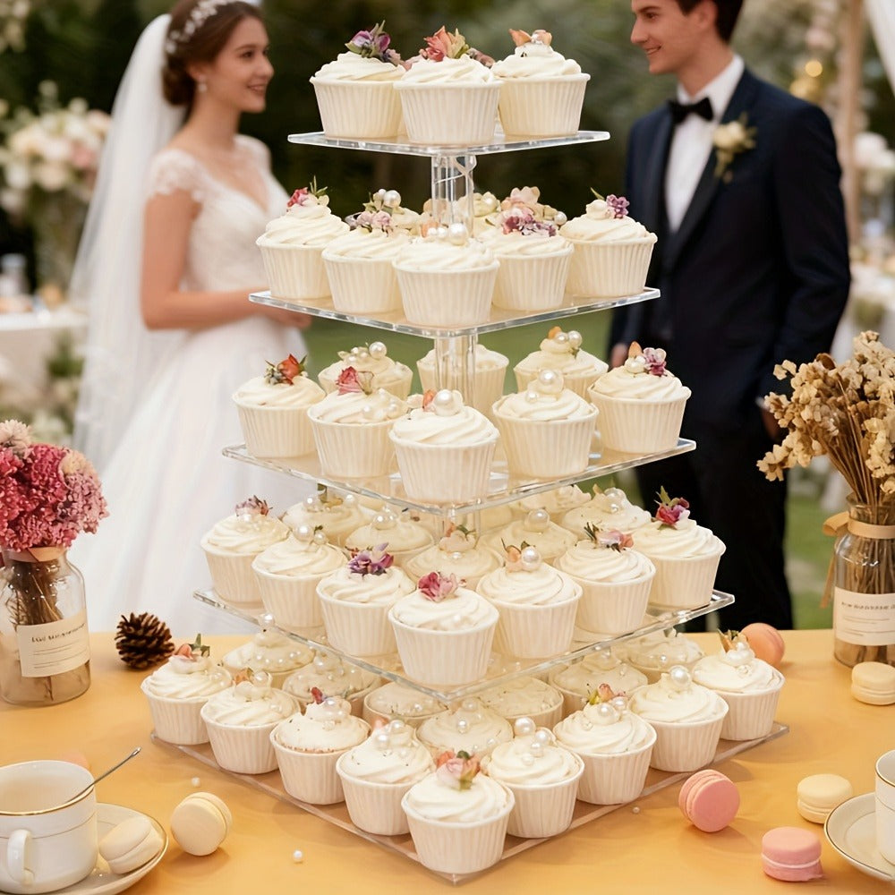 5-Tier Acrylic Cupcake Stand with LED String Lights ¨C Square Dessert Display Tower for 60 Cupcakes Birthday Wedding Baby Shower Tea Party Elegant Transparent Cake Display Rack Easy to Assemble