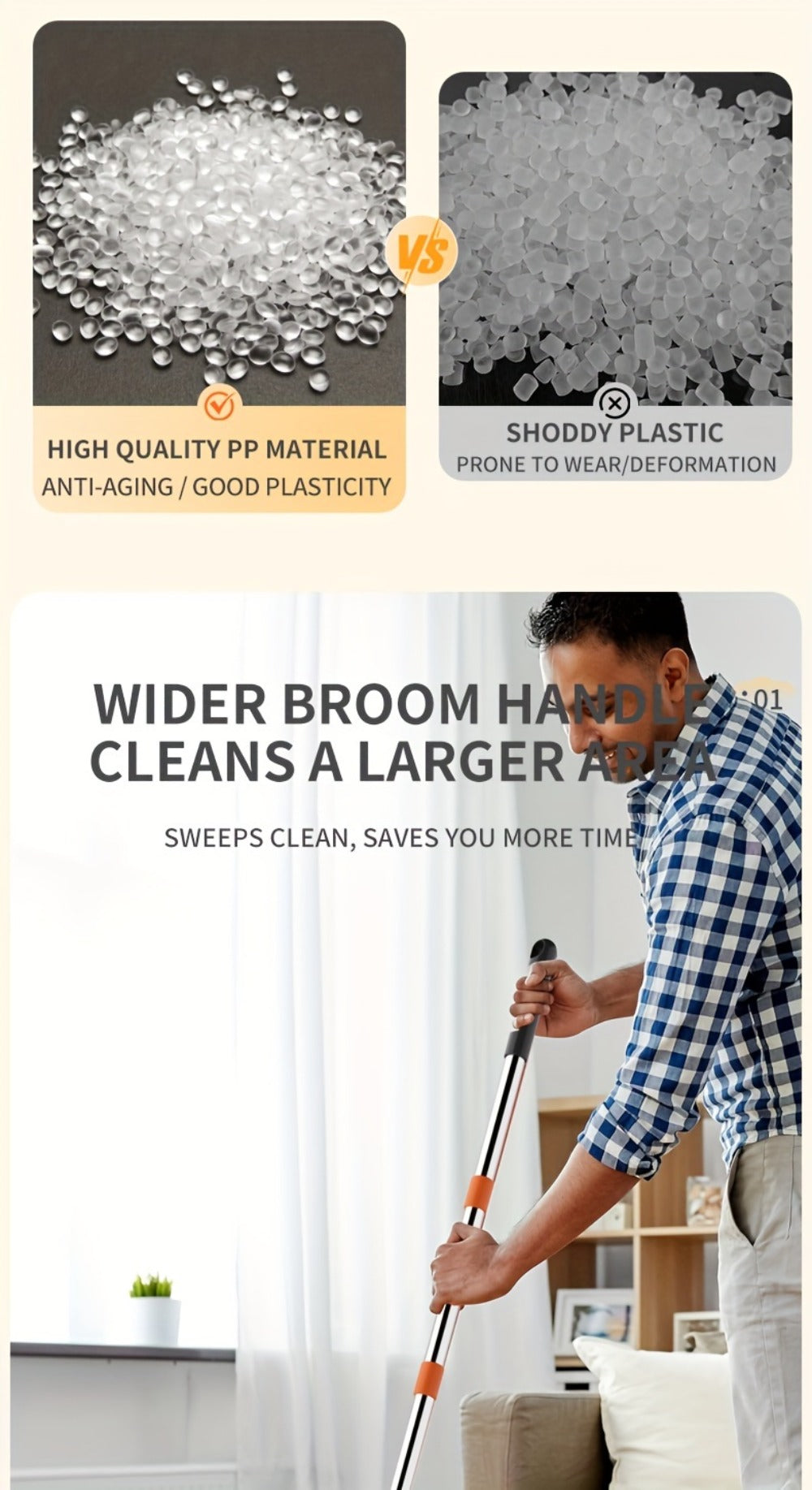 Folding Broom and Dustpan Set 50 Inch Extended Handle - Dense Elastic Bristles Wide Deep Dustpan for Dust Hair Debris, Foldable Broom for Home Kitchen Bathroom Bedroom Living Room, Blue White Black Orange Khaki