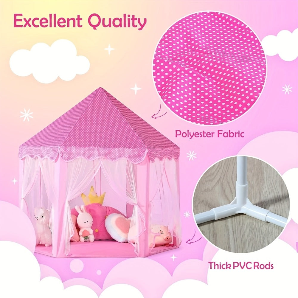 Kids Princess Tent Hexagonal Play Tent with Sheer Door Curtain ¨C Flower Pattern Mosquito Net Castle for Girls, Indoor Outdoor Playhouse Canopy Bed Tent