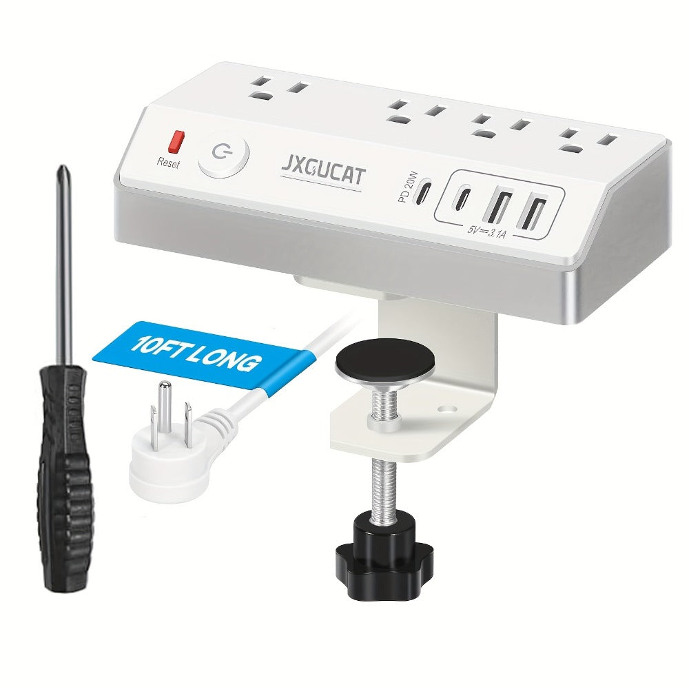 Desk Clamp Power Strip with USB-C PD 20W Fast Charging - 4 AC Outlets 4 USB Ports Surge Protector 1050J 8.8Ft Flat Plug Extension Cord Removable Clamp Fits 1.8 Inch Tabletop Edge Home Office Gaming