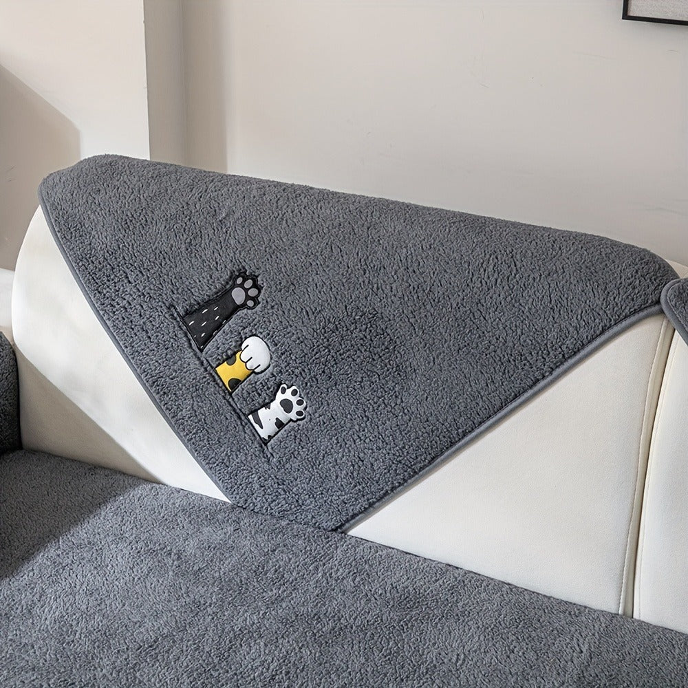 Sherpa Sofa Cover Cat Paw Embroidered Thick Plush Couch Slipcover Non-Slip Seat Cushion Protector Pet-Friendly Machine Washable Furniture Cover for Living Room Home Decor