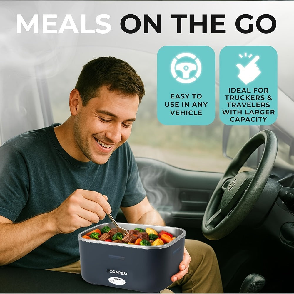 Electric Lunch Box Portable Food Warmer 60oz ¨C 110V Home & 12V/24V Car Heated Meal Container, Stainless Steel, Leak-Proof with Insulated Bag & Fork for Office, Truck, Travel & Camping
