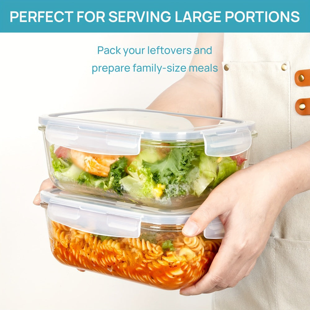 Borosilicate Glass Food Storage Containers 2-Pack 63oz 1860ml Large Airtight Snap Lid Meal Prep Baking Dish Microwave Oven Freezer Dishwasher Safe Green Gray