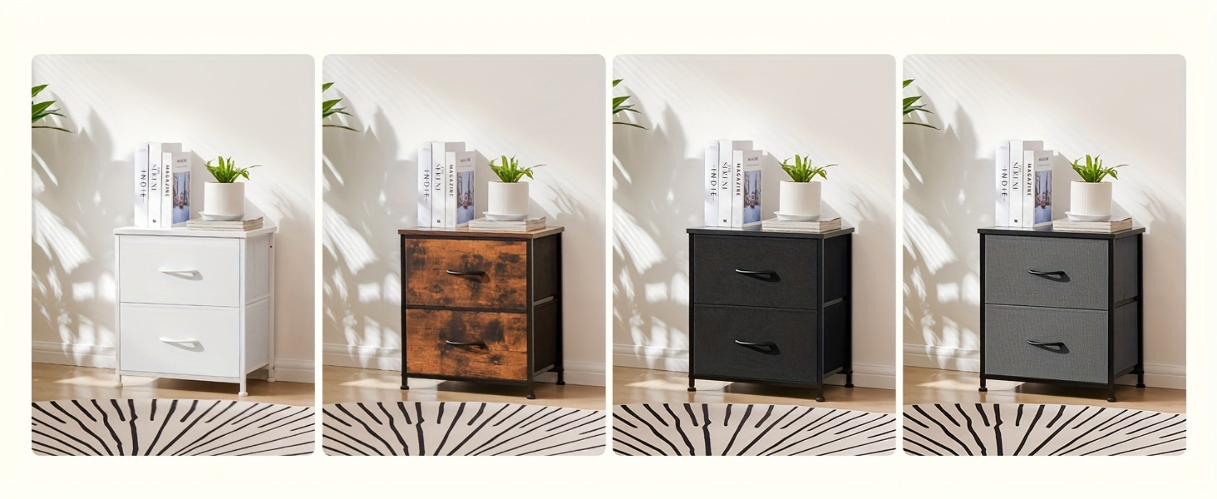 Nightstand with 2 Storage Drawers, 20¡± Bedside Table with Wooden Top & Fabric Cabinet, Steel Frame Mini Dresser for Bedroom, Dorm, Living Room ¨C 1pc or Set of 2pcs, Black White Grey Rustic Brown