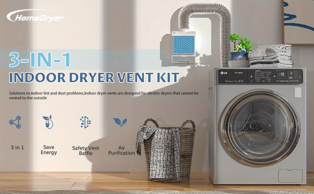 Indoor Dryer Vent Kit 3-in-1 Lint Trap Filter Box Stainless Steel Screen 6 Polyester Filters Reusable Washable Reduces Moisture Prevents Mold for Electric Clothes Dryers